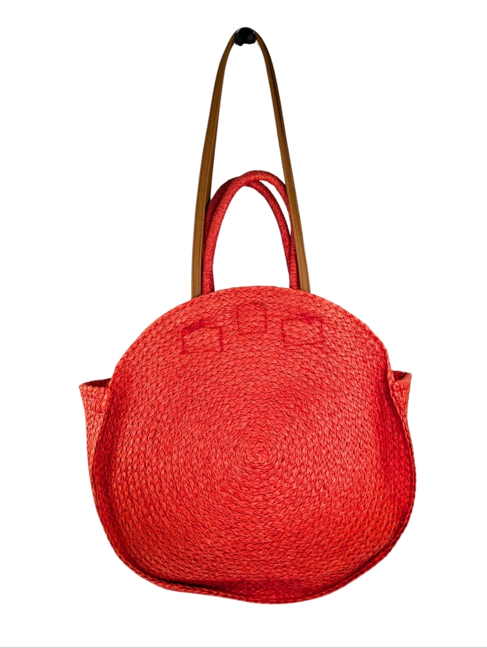 Red Woven Jute Large Round Straw Faux Leather Beach Pool Tote Bag